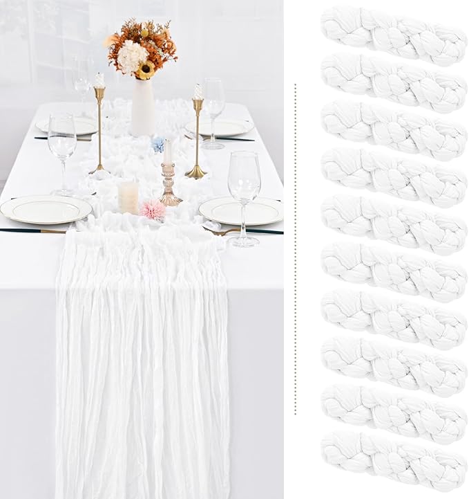 Showgeous 10 Pack White Cheesecloth Table Runner Gauze Table Runner 10FT Long Semi-Sheer Table Runner Boho or Rustic Wedding Table Decor for Wedding Decor Arch Draping Bridal Shower Holiday Party
