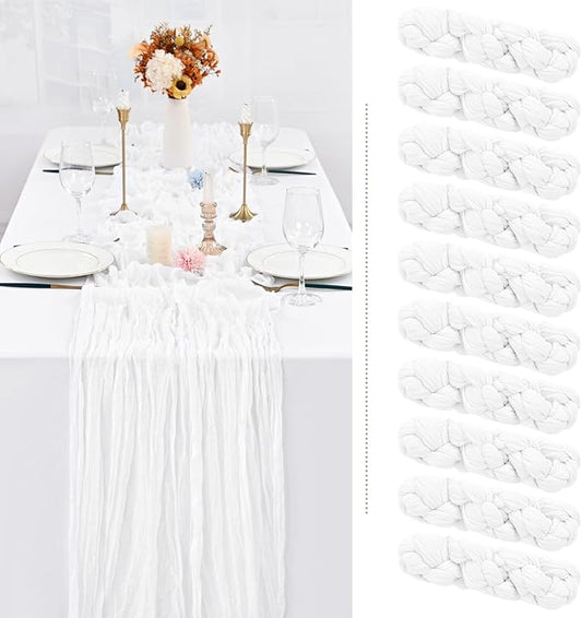Showgeous 10 Pack White Cheesecloth Table Runner Gauze Table Runner 10FT Long Semi-Sheer Table Runner Boho or Rustic Wedding Table Decor for Wedding Decor Arch Draping Bridal Shower Holiday Party
