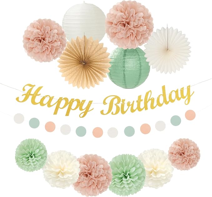 Sage-Green Blush-Pink Birthday Garland Party-Decorations - 14pcs Happy Banner 21st Spring Paper Flowers Lanterns Beige Tissue Pom Poms,Boho Streamers Fans,Neutral Rustic Hanging Supplies Decor Hugfond