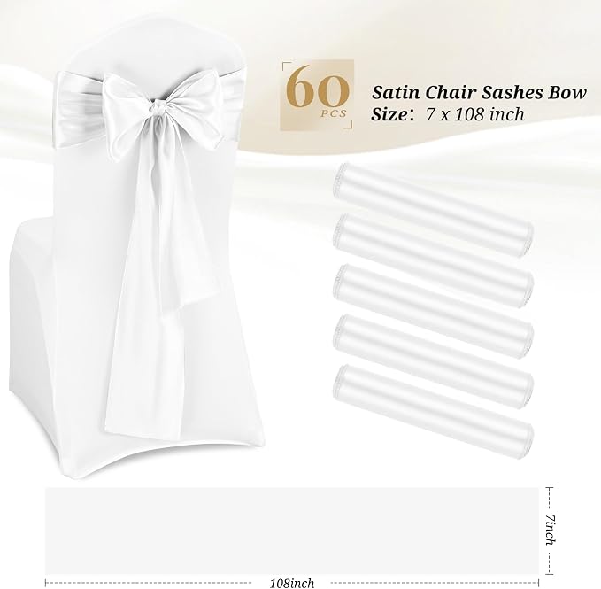 Pesonlook 60 PCS White Satin Chair Sashes Bows Satin Chair Sashes Universal Chair Cover for Wedding Reception Restaurant Event Decoration Banquet,Party,Hotel Event Decorations (7 x 108 inch)