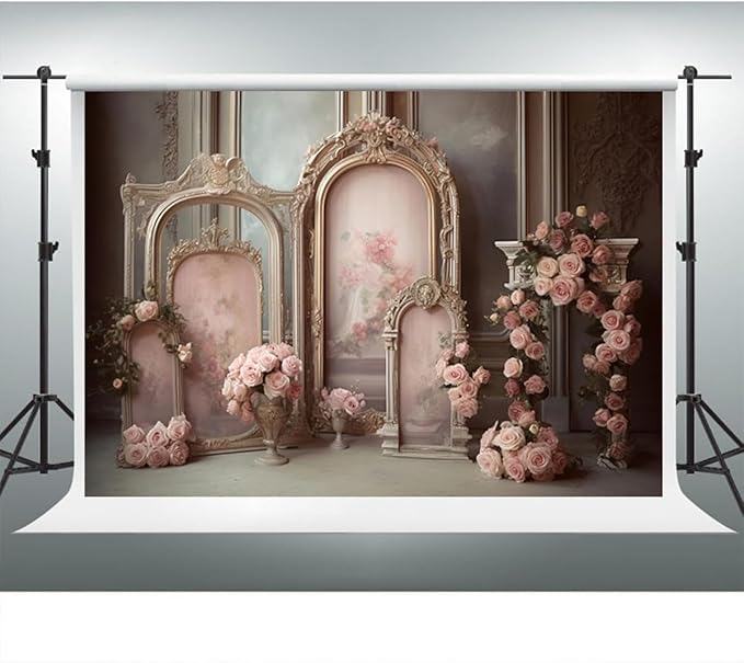 YongFoto European Retro Elegant Room Interior Wall Backdrop 12x8ft French Arched Oil Painting Frame Floral Vase Garland Photography Background Wedding Party Home Art Decor Portrait Photoshoot Props