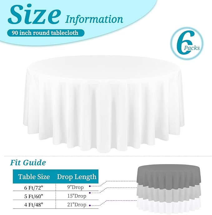 YMHPRIDE 6 Pack Round Tablecloths - White 90 Inch Polyester Round Table Cloth, Washable Fabric Table Covers for Wedding, Party, Dining, Banquet