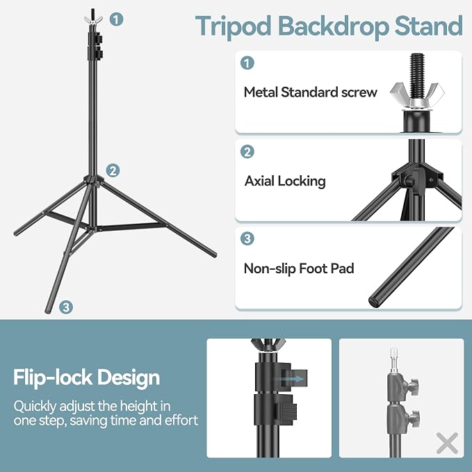 7x10 FT Photography Background Support System, Adjustable Photo Video Studio Backdop Stand Kit with 3 Polyster Background (Black, White, Green), Spring Clamps, Sandbags and Carry Bag