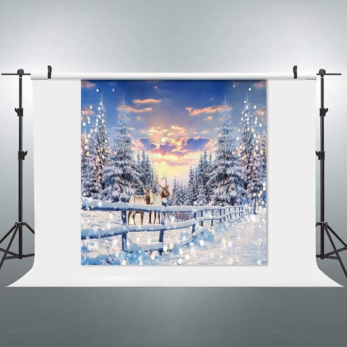 Winter Wonderland Christmas Backdrop 10x10ft for Photography Forest Reindeer Snow Winter Scene Backdrop for Pictures Christmas Party Holiday Background Decorations Photo Booth