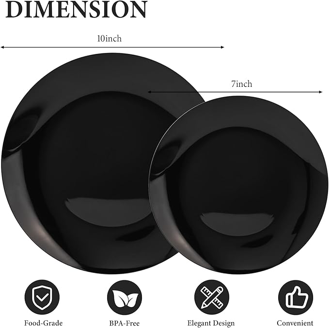 Lullaby 100PCS Black and Gold Plastic Plates, Disposable Black Plastic Plate with Gold Rim, 50PCS Dessert Plates 7" and 50PCS Dinner Plates 10", Perfect for Party Wedding and Daily Use