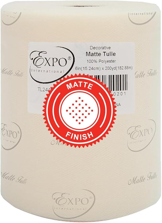 Expo International Decorative Matte Tulle, Roll/Spool of 6” X 200 Yards, Lightweight Polyester Tulle Fabric for Tutus, Costumes, and Party Decorations, Washable, Easy-to-Use, Ivory