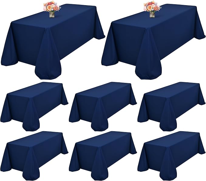 Showgeous 8 Pack Navy Blue Rectangle Tablecloths 90 x 132 Inch, Wrinkle & Stain Resistant, Polyester, Perfect for 6ft Table, Weddings, Parties