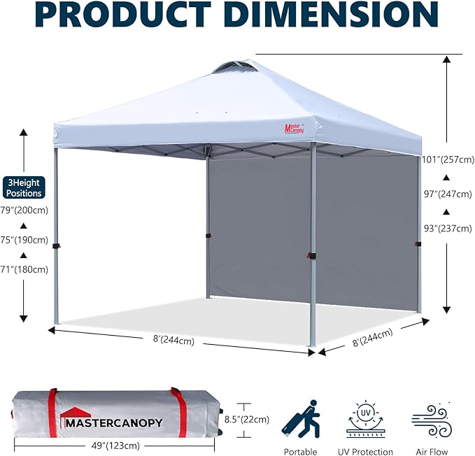 MASTERCANOPY 8x8 Pop Up Canopy Tent with 1 Sidewall, 1 Person Setup Instant Shelter, Outdoor Portable Beach Canopy, 1 Roller Bag, 4 Sandbags, 4 Ropes, 8 Stakes (8x8, White)