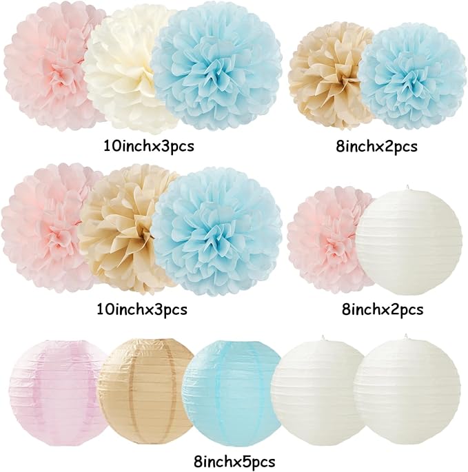 Light-Blue Pink Champagne Gender-Reveal Party-Decorations - 15pcs Boy Or Girl Paper Flowers Tissue Pom Poms Lanterns Streamers,Birthday Bear Baby Shower Neutral Hanging Supplies Decor Hugfond