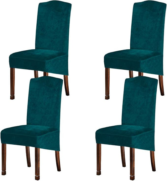Velvet Plush XL Dining Chair Covers, Stretch Chaircover, Spandex High Chairs Protector Covers Seat Slipcover with Elastic Band for Dining Room,Wedding, Ceremony, Banquet (Teal Green, Set of 4)