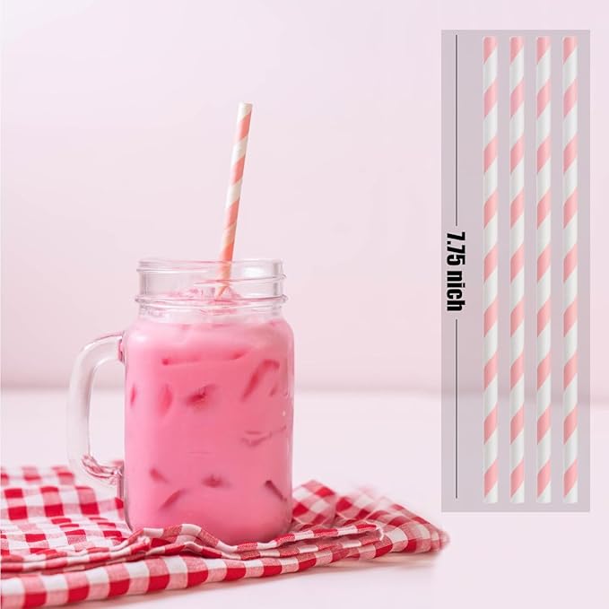 ALINK 100 Pink and White Striped Paper Straws, Biodegradable Disposable Drinking Straws for Christmas, Brithday, New Year, Party Decoration Supplies