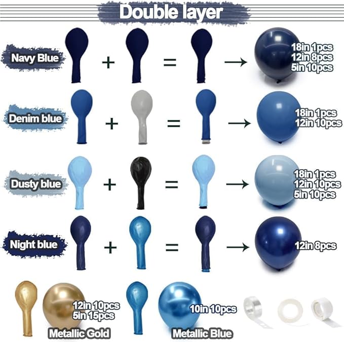 Navy Blue Gold Balloon Arch Kit Double Stuffed Royal Dusty Blue Gold Balloon Garland Latex Pastel Dark Different Sizes for Graduation Birthday Wedding Baby Shower Anniversary Father's Day Decor