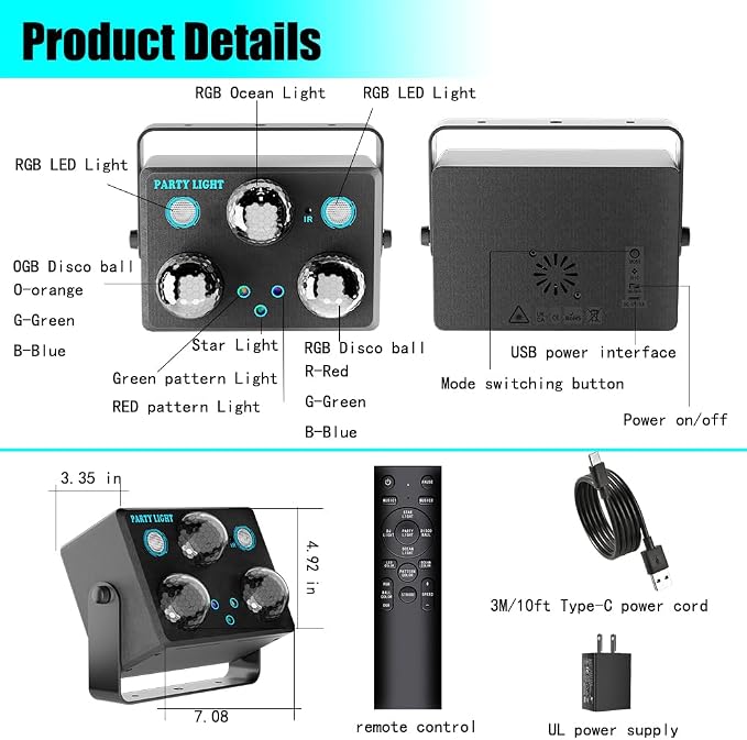 Disco Ball Party Lights,DJ Disco Lights Sound Activated LED Stage Strobe Light Star Ocean Projector with Remote Control for Home Decoration Parties Gift Club Bar Festival Christmas Birthday Wedding