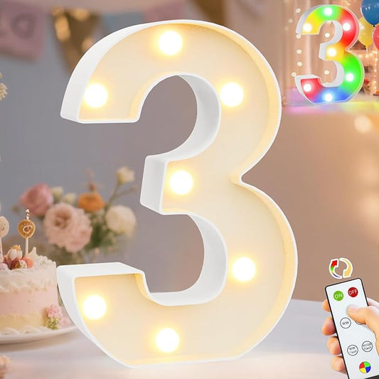 Pooqla LED Light Up Numbers 3, Warm White and Colorful Lighted Marquee Numbers with Remote, Lighted Numbers for 3rd 13th Birthday Decorations, Gift for Girls Boys Her Him Anniversary Home Party Decor