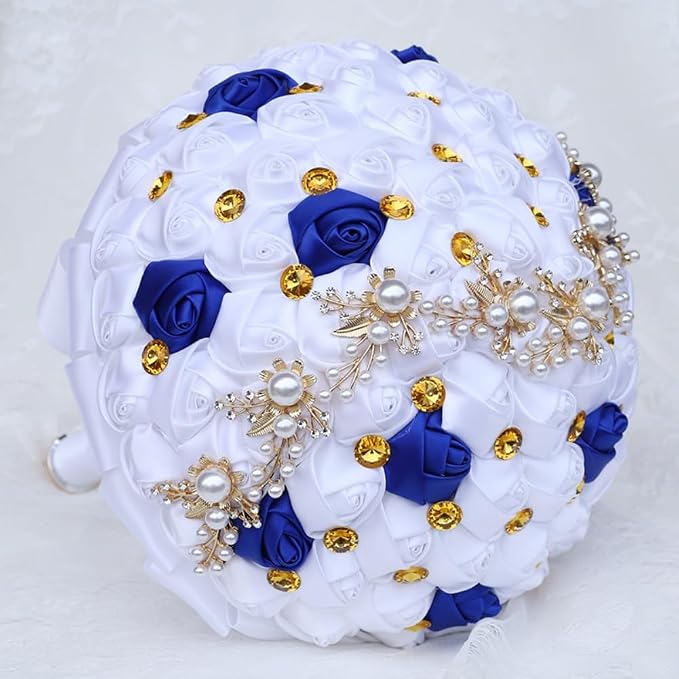 Bridal Wedding Bouquet with Golden Rhinestone Brooch Bouquet for Bride Bridesmaid Quinceanera Satin Rose Flower Bouquet Wedding Royal Blue and White 9.5in