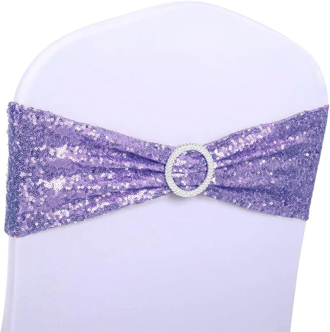 Pack of 50 Sequin Lavender Chair Sashes Bands with Buckles, All Around Sequins Chairs Bows for Party Wedding Fiesta Engagement Banquet Bridal Shower Anniversary Decor Glitter Chairs Ties