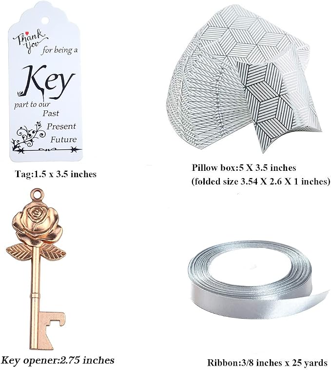 Makhry 50 Set Skeleton Rose Key Bottle Openers with Candy Box In Antique Vintage Style Escort Tags French Ribbon As A Gift Souvenir At Wedding Party Supplies (Rose Gold)