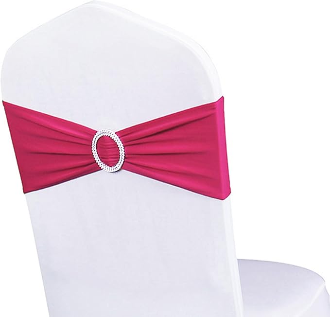 Pack of 100 Wedding Hot Pink Chair Sashes Spandex Fuchsia Chair Sash Bands with Silver Buckle, Elastic Chair Bows for Weddings Party Birthday Baby Shower Events Decorations