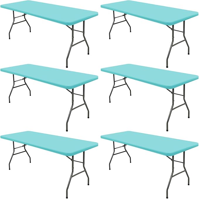 6 Pack Picnic Table Cover Elastic Fitted Tablecloths for 6 Foot Rectangle Tables Waterproof Stretch Washable Patio Folding Outdoor Spandex Tablecloth for Camping Banquet Parties (Aqua Blue,30" x 72")