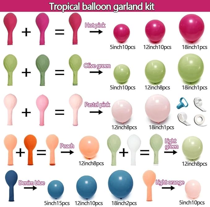 Hot Pink Green Blue Balloon Arch Kit Double Stuffed Dark Pink Olive Green Denim Blue Light Orange Magenta Peach Balloon Garland for Birthday Baby Shower Flower Wedding Summer Party Decoration