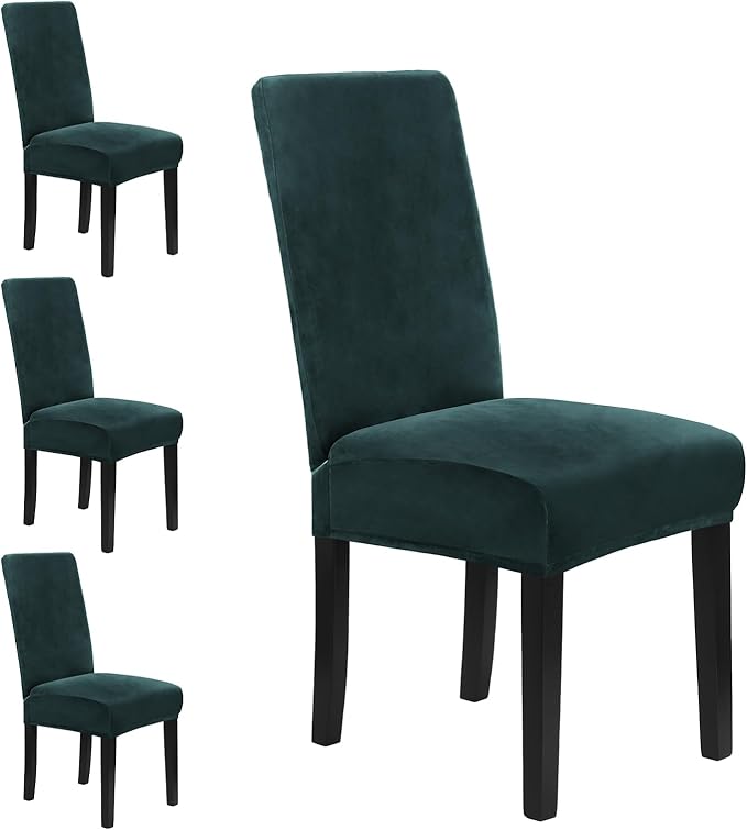 MOSAYT Velvet Stretch Chair Covers for Dining Room Set of 4 - Soft Slipcovers with Thick Removable Fabric for Parsons Chairs, Washable Seat Protectors for Kitchen, Banquet & Home Decor, Dark Teal