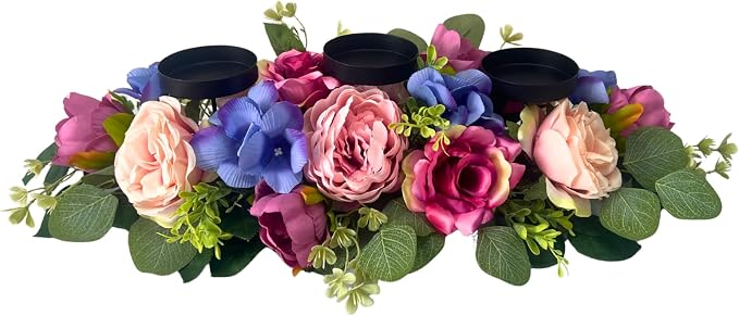 Svndlyn 25" Spring Summer Floral Candle Holder Centerpiece for Table Decor | Triple Candle Cups with Pink Roses, Blue Blooms and Greenery for Table and Summer Decor
