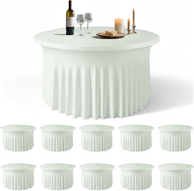 WJWHQ 10 Pack Ivory Green Round Spandex Tablecloths for 60in Tables, 120Inch Stretchy Fitted 5FT Round Table Clothes,Wrinkle Free Table Cover with Skirt for Wedding Party Dining Banquet