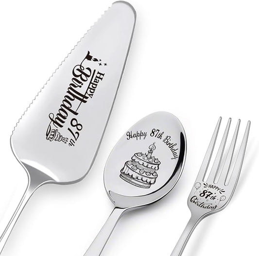 Happy 87th Birthday Personalized Laser-Engraved Stainless Steel Birthday Party Utensil Set - Cake Server, Spoon, and Fork for Mother Father Husband Wife Grandmother Grandfather