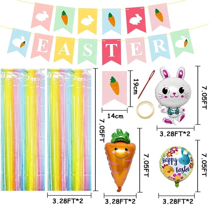 Pastel Balloons Arch Kit Double Stuffed Ma'ca'ron Balloons with Bunny, Carrot & Egg Foil Balloon Easter Banner and Colorful Fringe Curtain for Birthday Baby Shower Spring Pastel Party Decoration
