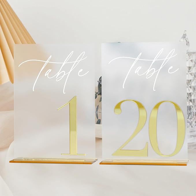 Acrylic Wedding Table Numbers 1-20 with Stands, 5"x7" Frosted Acrylic Signs with 3D Gold Mirror Numbers, Frosted and Gold 3D Table Numbers for Wedding Reception, Anniversary, Event
