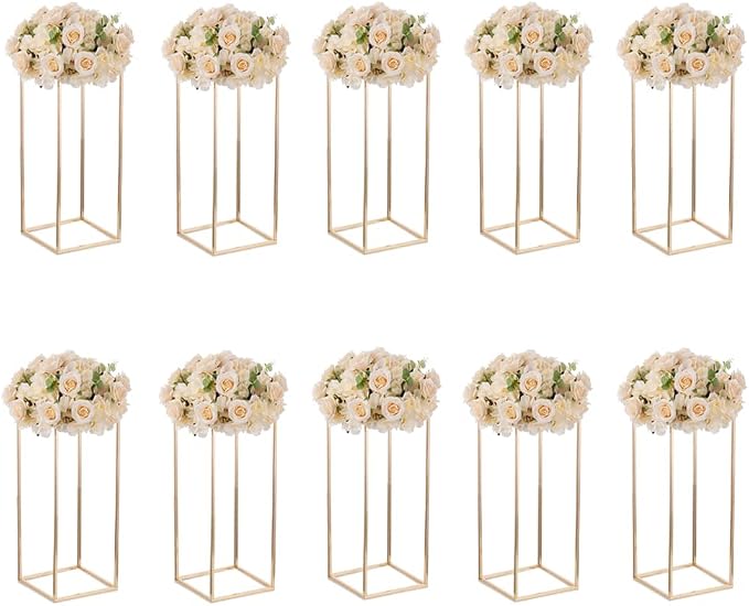 Gold Metal Cube Vase Stand for Wedding Centerpieces, 23.6in Tall, 10 Pcs | Columnar Cube Shape, Easy to Assembly, Flowers Cakes Drinks Display Table Centerpieces for Wedding Party Event