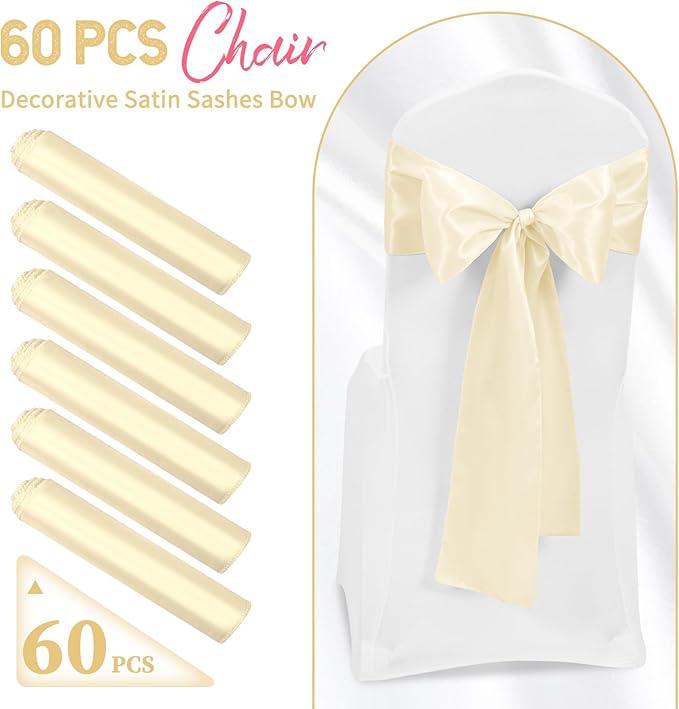60 PCS Ivory Satin Chair Sashes, Ties Bows Designed Chairs Decorative, Chair Cover Sashes for Thanksgiving Wedding Christmas Banquet Party Home Kitchen Decoration (7 x 108 inch)