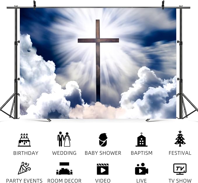 12x10ft Heavenly Cross Backdrop Blue Sky Cloud Photography Background Holy Crucifix Jesus Christ Religious Pray Church Event Easter Banner Decorations Baby Shower Portrait Photo Booth Prop