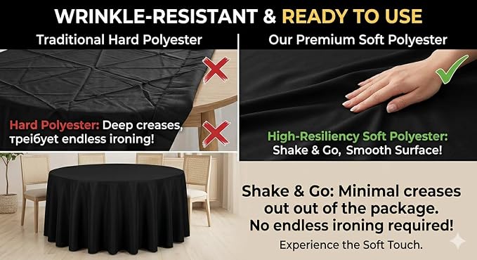 120 Inch Black Polyester Tablecloth, Soft & Easy to Iron, Stain Resistant Wrinkle Free Circle Table Cover, Washable Reusable for Wedding, Party, Birthday, Banquet & Reception