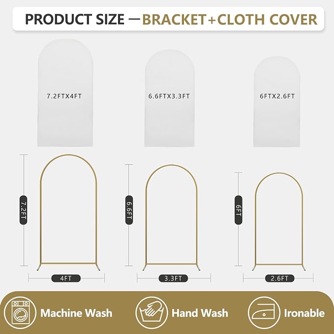 Arch Backdrop Stand and Cover Set, 3 Metal Balloon Arch Backdrop 7.2ft 6.6ft 6ft, Gold Arched Stand Frame for Wedding, Parties,Birthday, Backdrop Decorations (White,7.2ft+6.6ft+6ft)