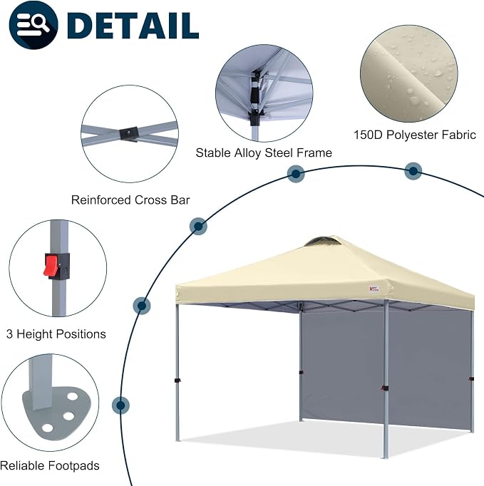 MASTERCANOPY 10x10 Pop Up Canopy Tent with 1 Sidewall, 1 Person Setup Instant Shelter, Outdoor Portable Beach Canopy, 1 Roller Bag, 4 Sandbags, 4 Ropes, 8 Stakes (10x10, Beige)