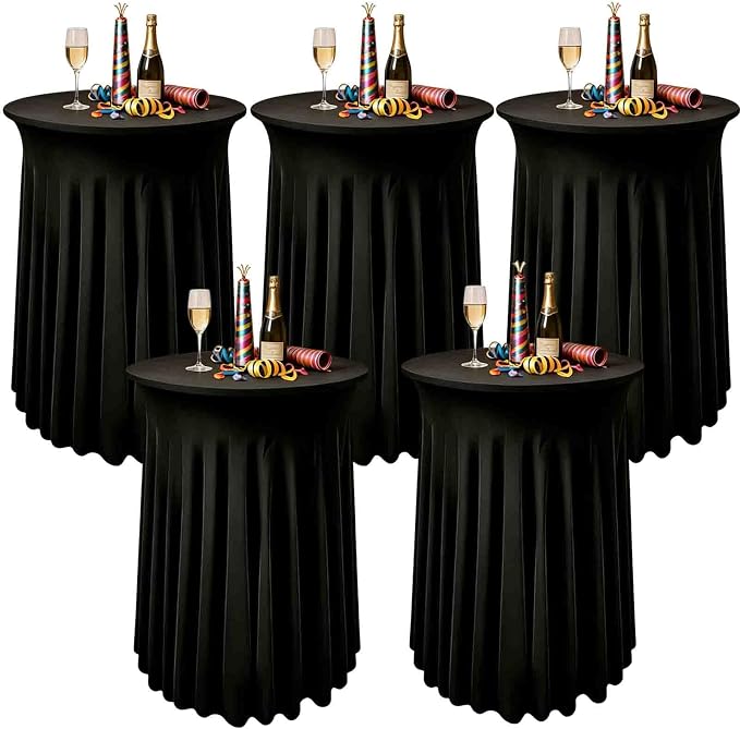 5 Pack Round Spandex Cocktail Table Tablecloths with Skirt, 32 x 43 Inch Black Stretch High Top Cocktail Table Covers Table Skirts Stretch Fitted Round Cocktail Table Cloths for Wedding Party Banquet