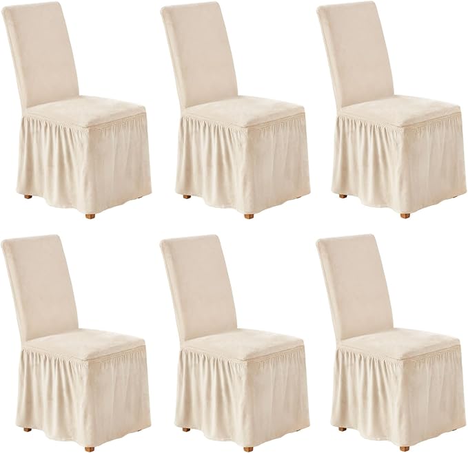 NICEEC Spandex Chair Covers for Dining Chairs Covers Set of 6 Removable Dining Room Chair Covers with Skirt Parson Chair Slipcovers Washable Chair Protector for Kitchen Wedding Party Banquet(Beige)