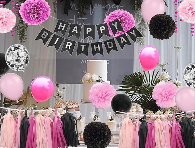 Hot Pink Birthday Decorations for Girls Women - Happy Birthday Banner with Party Balloons and Tassel Circle Garland Paper Flowers Supplies (Black Pink)