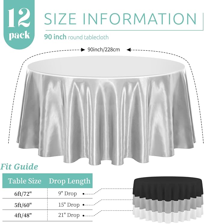 12 Pack 90 Inch Round Tablecloth, Silver Satin Fabric Table Cloth for Round Table, Wrinkle Resistant Washable Table Cover Bright Silk Table Clothes for Wedding Party Dining Table Banquet