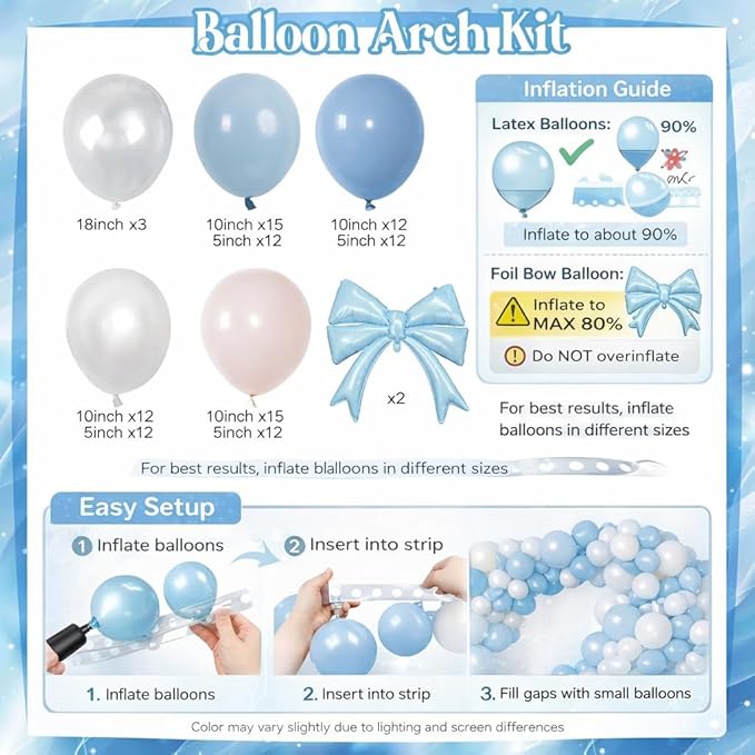 Dusty Blue Balloon Garland Arch Kit, 107PCS Dusty Fog Blue and White Balloons with Bow Balloon Decor for Coquette Birthday Baby Bridal Shower Wedding Party Decorations