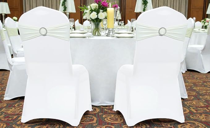 MDS Pack of 125 Spandex Chair Sashes Bow Universal fits Elastic Stretch Chair Bands Ties with Buckle for Wedding Party Banquet Events Decoration Spandex Slider Sashes Bow - Ivory