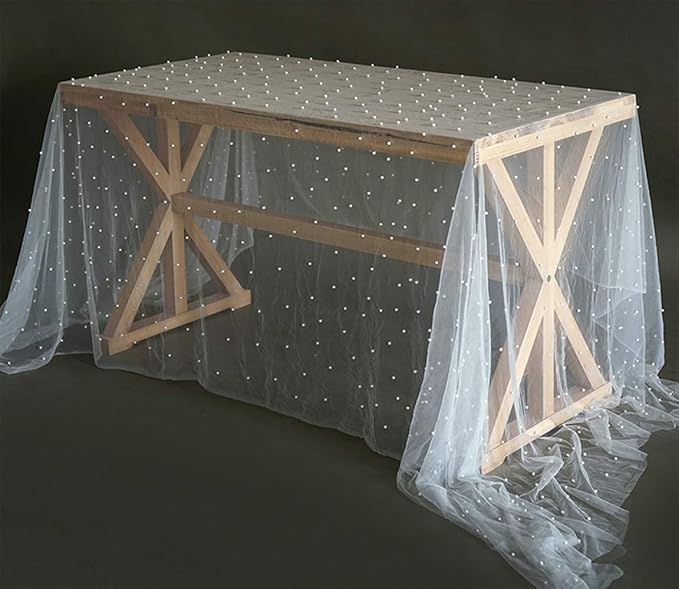 Table Runner 63" X 120" Wedding Arch Decorations Table Line Bridal Shower Decor Fabric Romantic Pearl Lace Tablecloth for Events Embroidered Sheer Wrinkle Free White Dessert Table Cloth Chiffon Tulle