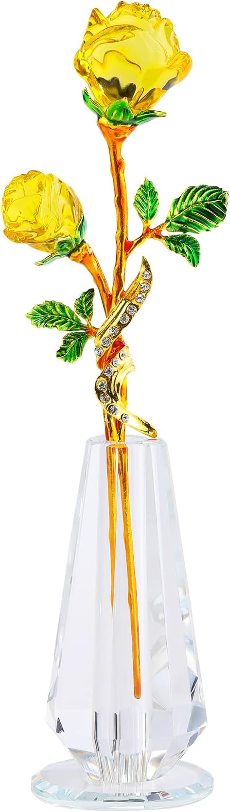 YWHL Handmade Yellow Rose Flower Crystal Figurine with Vase, Bouquet Glass Flowers Ornament Rose Gifts for Women Mom Wife, Crystal Flowers Home Decor for Anniversary Mother's Day Wedding