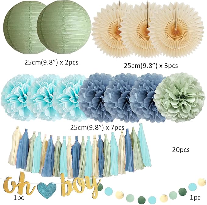 Dusty Blue and Sage Green Baby Shower Decorations Oh Boy Sage Green and Blue Baby Shower Decorations Light Beige Tissue Paper Pom Poms Fans Cream Tassel Garland Kit with Oh Boy Banner Gold