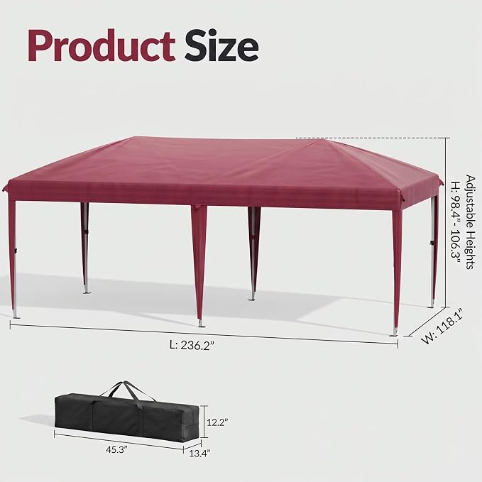 10x20 Pop Up Canopy Without Sidewalls, Instant Tent with Carry Bag, Sandbags, Height Adjustable Waterproof Outdoor Canopy, Outdoor Canopy for Events, Camping, Parties (Red)