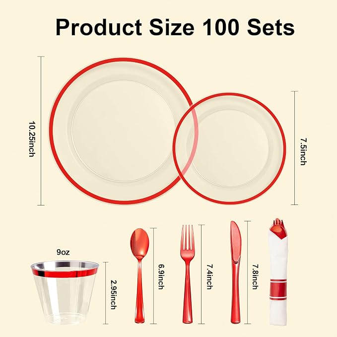 700PCS 4th of July Plastic Plates, Clear Red Disposable Plastic Dinnerware Set for 100 Guests, 200 Plastic Plates, 100 Cups, 100 Pre-Rolled Napkins with Cutlery for Party, Christmas, Birthday, Wedding