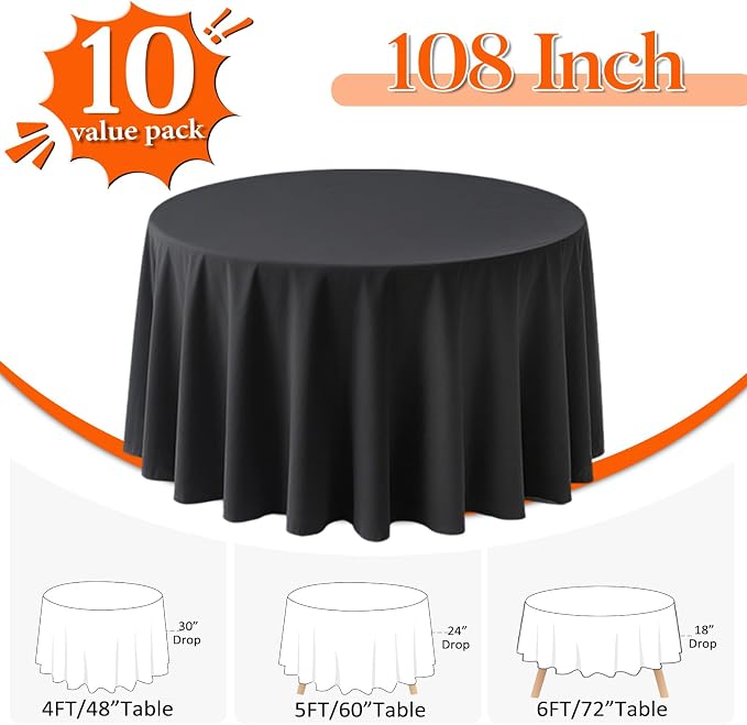 10 Pack Black Round Tablecloths 108 Inch Round Table Cloth Wrinkle Resistant Black Tablecloth Washable and Reusable Polyester Fabric Table Covers for Banquet Wedding Party Dining Buffet