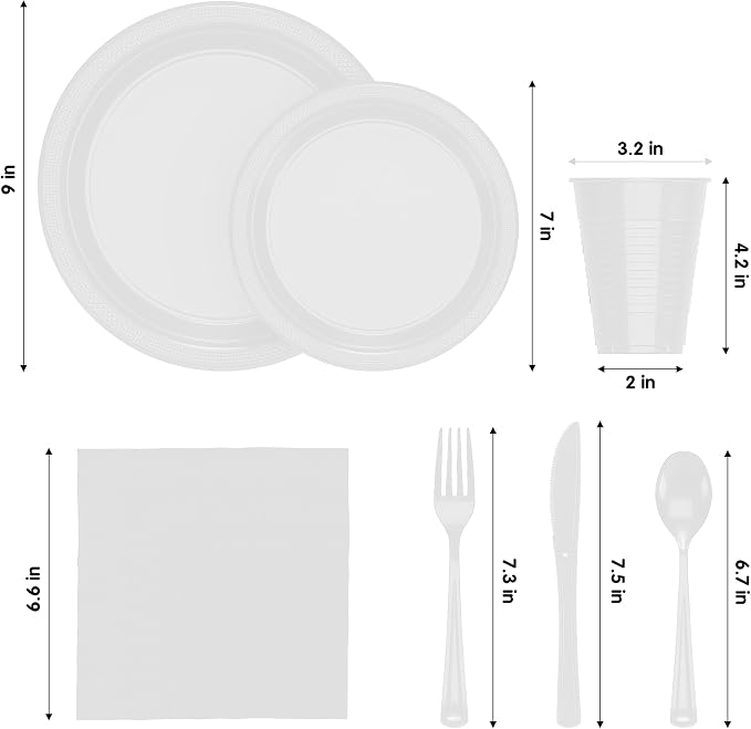 Party Solids 350 Pieces White Plastic Plates For Party, White Disposable Plates Set, 50 Of Each 9" Dinner Plate Set, 7" Dessert Plate, Cups, Napkins & Cutlery Plastic Dinnerware Set