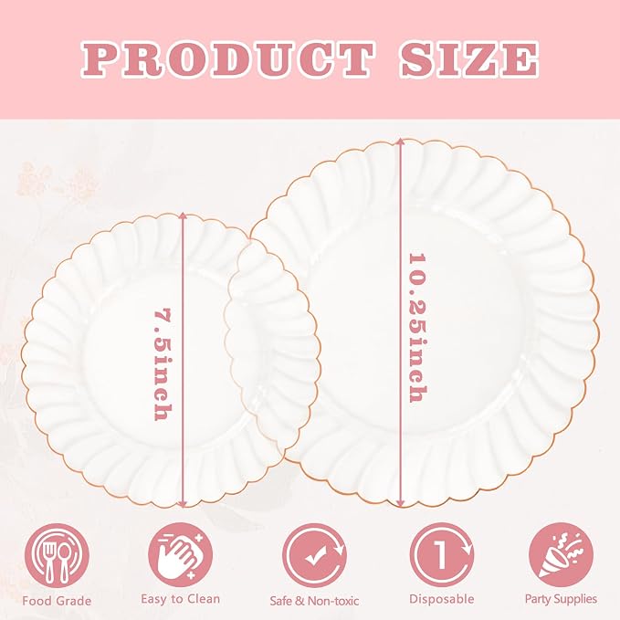 YOUBET 60PCS Rose Gold Plastic Plates - Scalloped Disposable Plates include 30 Dinner Plate, 30 Dessert Plate for Party & Wedding & Baby Shower